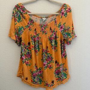 Eyeshadow Mustard Floral Smocked Peasant Top Crochet Hem Women’s M Boho Garden